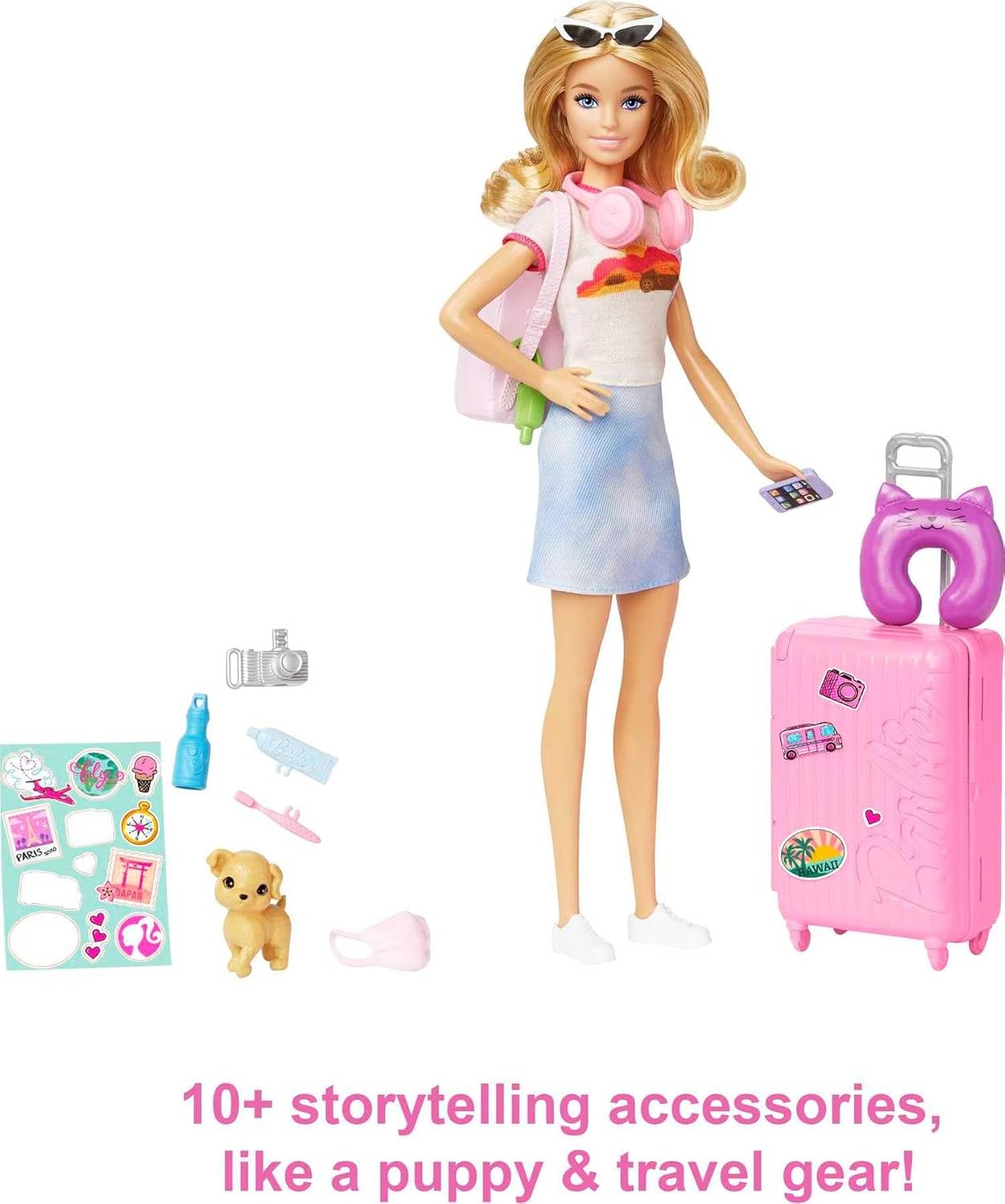 Bambola Barbie e accessori, set da viaggio con cagnolino e oltre 10 pezzi